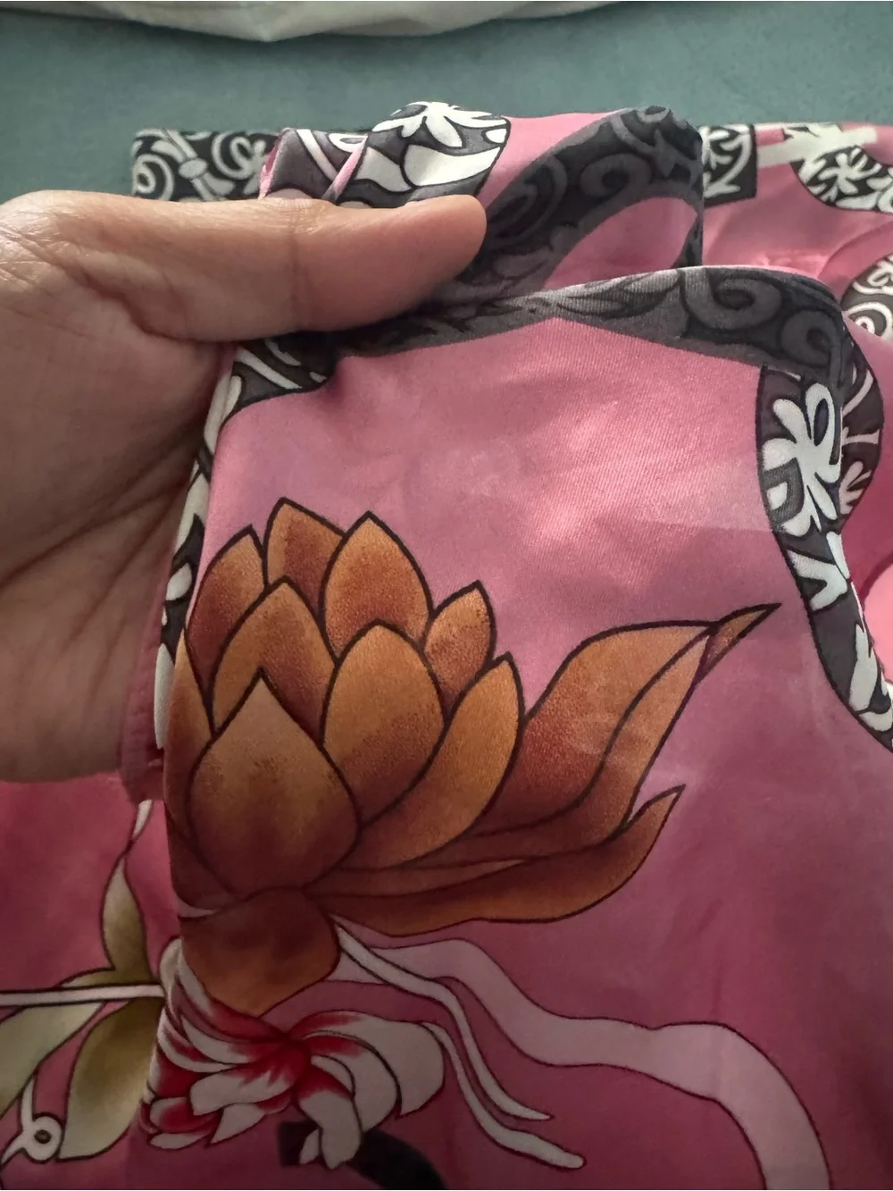 Silky Pink Floral Scarf with Brown Lotus Print